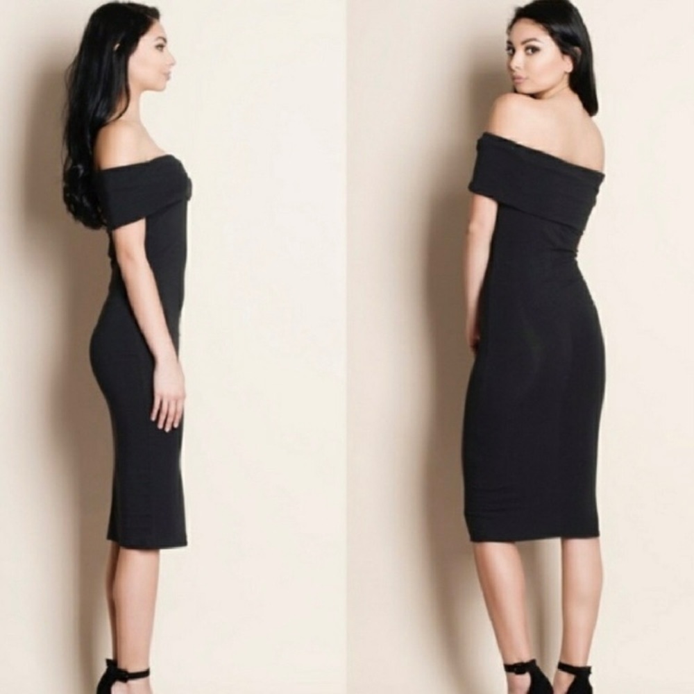 NWOT Black fitted off the shoulder bodycon dress - Picture 2 of 5
